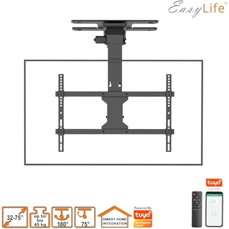 EasyLife EL-DHM-DSND75S V2, Elektrische TV Deckenhalterung drehbar & schwenkbar, 37-75 Zoll, VESA 600x400, Schwarz, Smart Home Integration – Bild 2