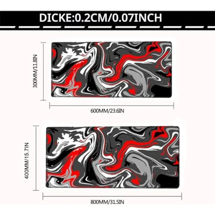 Rcege Großer Gaming-Mauspad mit genähten Kanten, nicht rutschender Unterlage, wasserresistent, Abstract Red, 600L x 300B mm – Bild 2