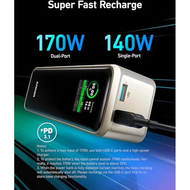Anker Prime Powerbank, 27.650mAh (250W) 3-Port Powerbank, Kompatibel mit MacBook Pro/Air, iPhone 15/14 Serie, Galaxy, Dell, AirPods, und mehr, Intuitive Smart App, 170W Aufladen per USB-C (Gold) – Bild 5