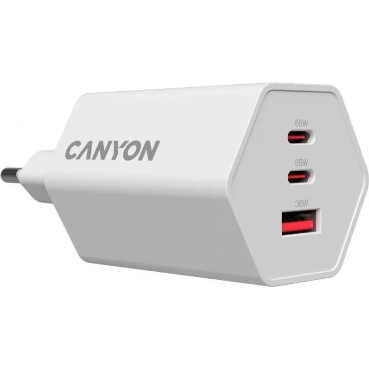 Canyon HEXAGON 65 GaN Ladeadapter, 65W, 2xUSB-C PD, 1xUSB-A QC, Internationales Netzteil, Weiss