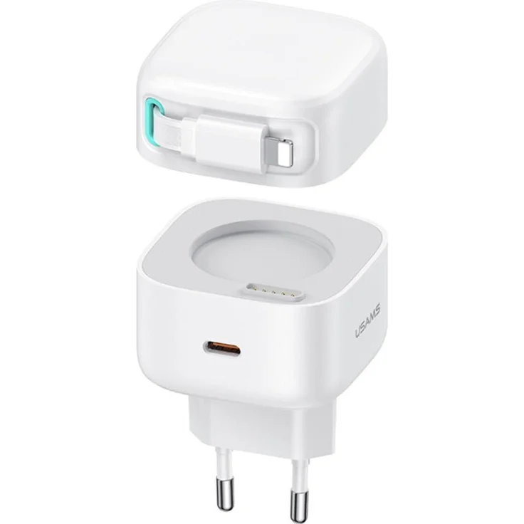 Usams Ładestation mit 1xUSB-C und Teleskopischem Lightning-Kabel, 35W GaN Fast Charging, Weiss