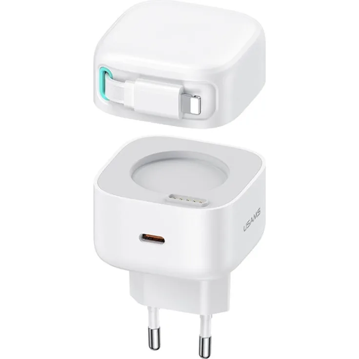 Usams Ładestation mit 1xUSB-C und Teleskopischem Lightning-Kabel, 35W GaN Fast Charging, Weiss
