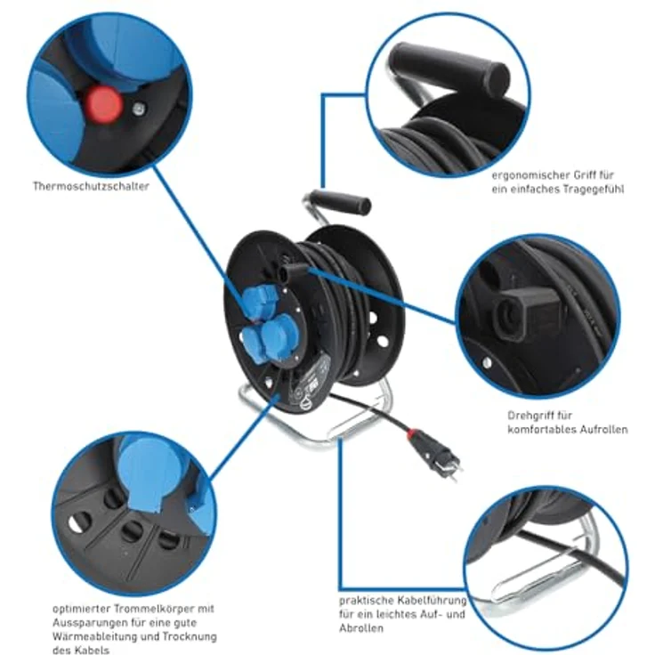 KALLE DAS KABEL Kabeltrommel Classic, 25 Meter Gummikabel H07RN-F 3G 2,5 mm² mit 3 Schukosteckdosen und IP44 Schutz für Außenbereich – Bild 3