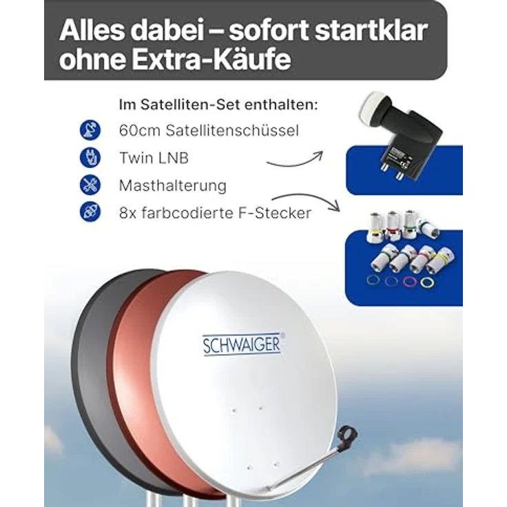 SCHWAIGER Satellitenschüssel Komplettset Ø 60 cm, Stahl Offset Antenne in Rot, inkl. Twin LNB für Digital HD & 4K Empfang, hitzebeständig & wetterfest, für 2 Teilnehmer – Bild 3