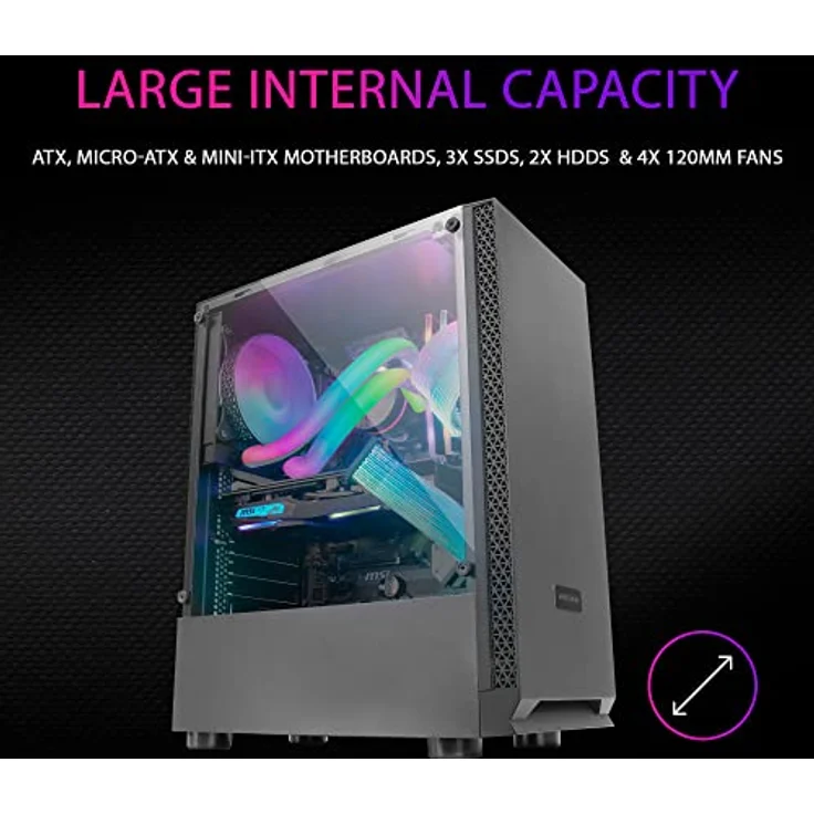 Mars Gaming MCN2, ATX Gaming PC Gehäuse, Volles Seitenfenster, Frontgitter, Doppelkammer Design, 12cm Lüfter Hinten, Schwarz – Bild 5