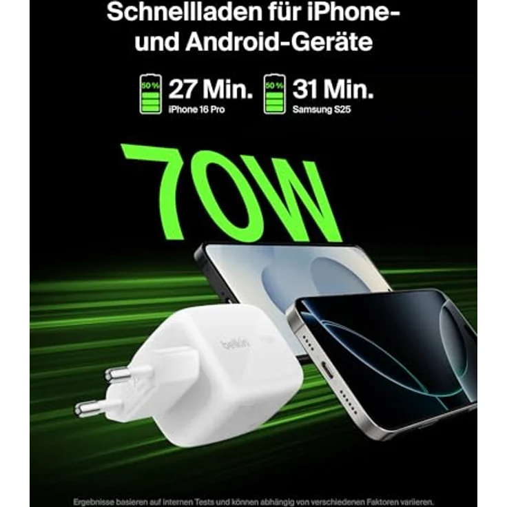 Belkin Boostcharge 70 W USB-C Ladegerät, 2x USB-C und 1x USB-A, effizientes Schnellladen, weiss – Bild 4