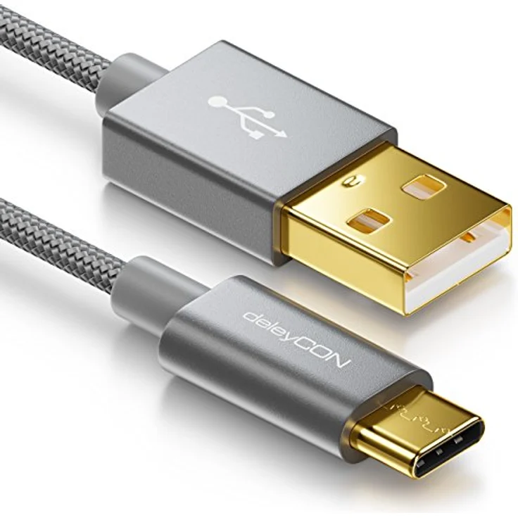 deleyCON 15cm USB-C Kabel, Ladekabel mit Schnellladefunktion, Nylon ummantelt und Metallstecker, Grau, kompatibel mit Apple, Samsung, Google, Huawei, Xiaomi, Laptop, PC – Bild 2