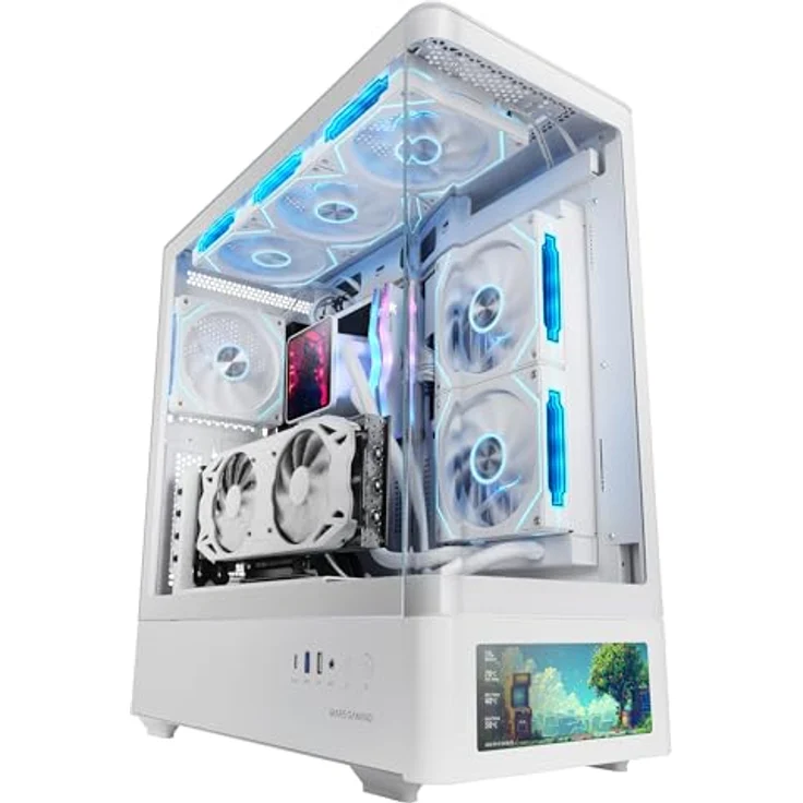 Mars Gaming MC-LCDPRO, Gaming ATX Gehäuse mit 7.2" IPS LCD Display, gebogenem gehärtetem Glas, Unterstützung für Wasserkühlung bis 360mm, Weiß – Bild 1