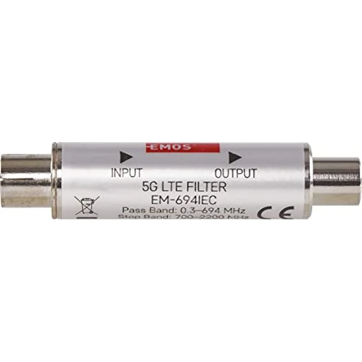 EMOS LTE/4G/5G Sperrfilter, Durchlassbereich bis 694 MHz, DC Durchlass, 1,6 x 6,8 cm, Koaxialanschluss, J5712, Silbern – Bild 2