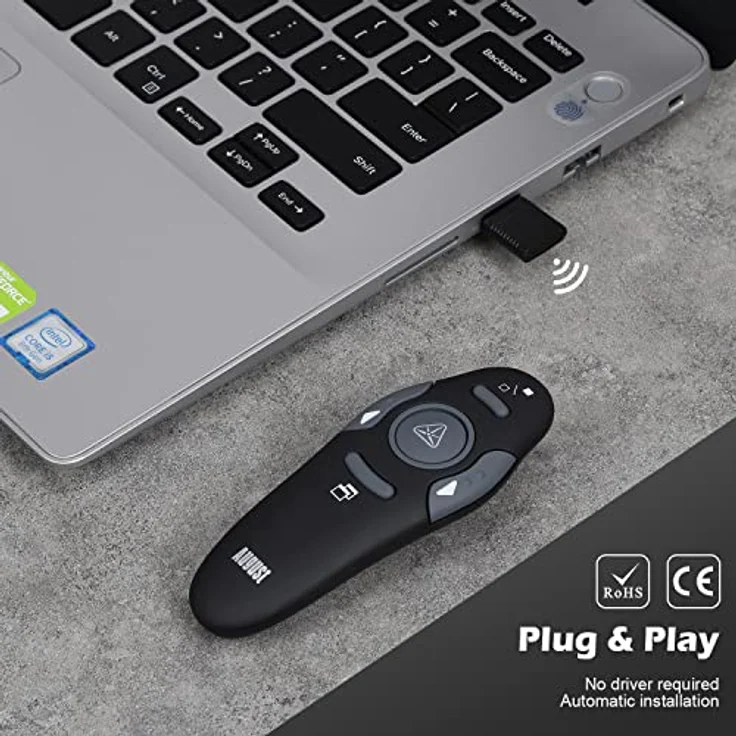 Wireless Presenter -August LP205- Schnurloser Powerpoint Presenter Remote PPT Diashow bis zu 15m, Fernbedienung mit Highlighter Etui und Shortcuts- für Windows/Mac/Linux – Bild 2