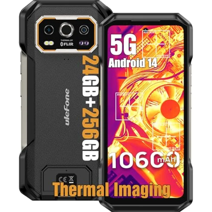 Ulefone Armor 27T Pro Outdoor Smartphone 5G Android 14 Handy 24GB + 256GB/SD-2TB 10600mAh Akku, 6.78 Zoll FHD+ 120Hz mit Wärmebildkamera, 64MP+50MP Kamera, unterstützt 33W Schnellladung GPS/NFC/OTG, Schwarz