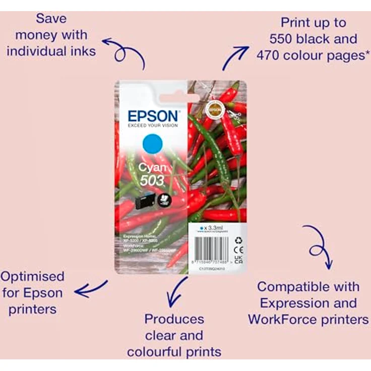 EPSON 503 Tintenpatrone Cyan (C13T09Q24010), Originalfarbe mit ca. 165 Seiten Druckleistung, kompatibel mit Expression Home XP-5200/5205 und WorkForce WF-2960/2965 – Bild 2