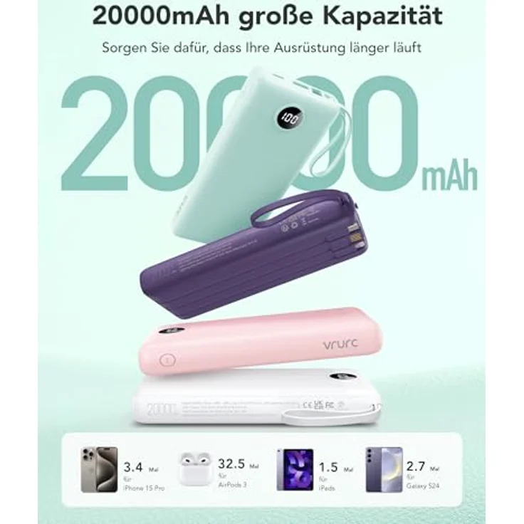 VRURC Powerbank 20000mAh, Tragbares Ladegerät mit 4 integrierten Kabeln, USB-C, Schnellladung 22.5W, LED Display, kompatibel mit iPhone und Huawei – Bild 4