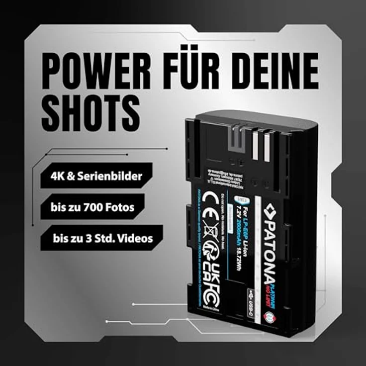 PATONA Platinum LP-E6P Akku, 2600mAh mit USB-C Direktladung, kompatibel mit Canon EOS R5 R6 R6II R7 60D 80D 90D 5D Mark II III IV 6D 7D XC10 XC15 – Bild 2