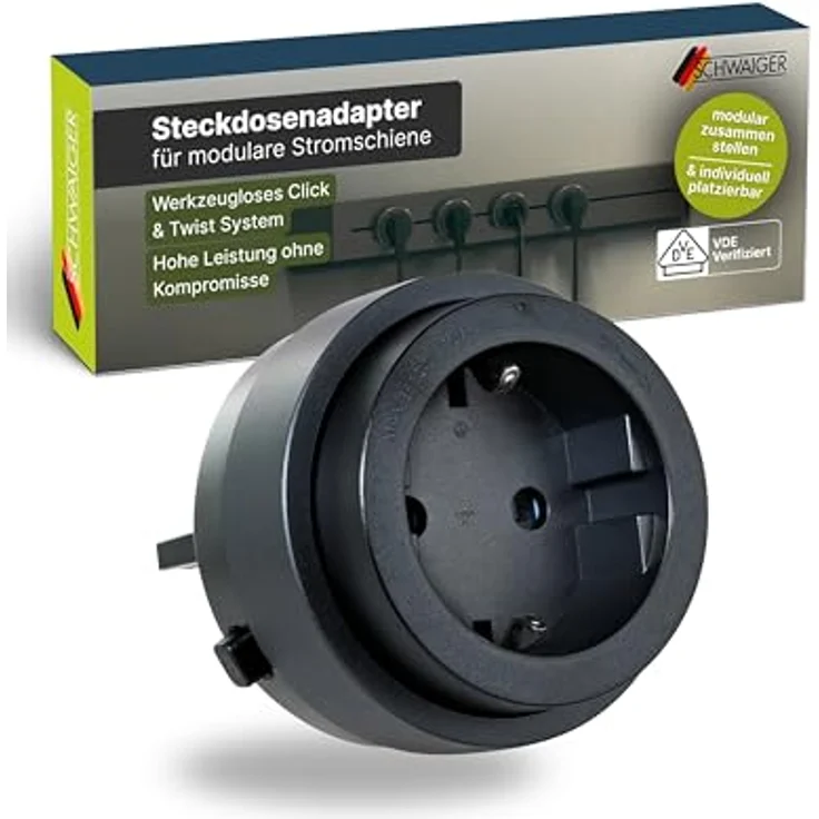 Schwaiger Steckdosenadapter für modulare Stromschiene, 6,2 cm, Schwarz, 3680 W Leistung mit Drehregler und VDE-Zertifizierung – Bild 1