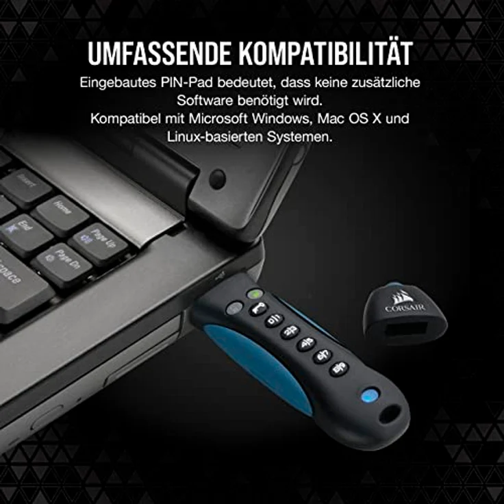 Corsair Flash Padlock 3, 128 GB Sicherer USB-3.0-Speicherstick mit Tastenfeld (256-Bit-AES-Hardwareverschlüsselung, anpassbare Ziffernidentifikation zum Sperren), Schwarz-Blau – Bild 4