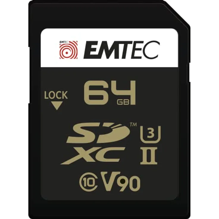 EMTEC - SDXC UHS-II U3 V90 SpeedIN Pro+ ECMSD64GUHS2V90 – Speicherkarte – Serienfotos, Full HD, 3D, 4K, 8K UHD – Speicherkapazität 64 GB – 2 Reihen PIN auf der Rückseite – Schwarz/Gold