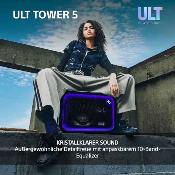 Sony ULT Tower 5, tragbarer kabelloser Bluetooth-Partylautsprecher mit 300 W Bass, 20 Stunden Akkulaufzeit und LED-Beleuchtung – Bild 4
