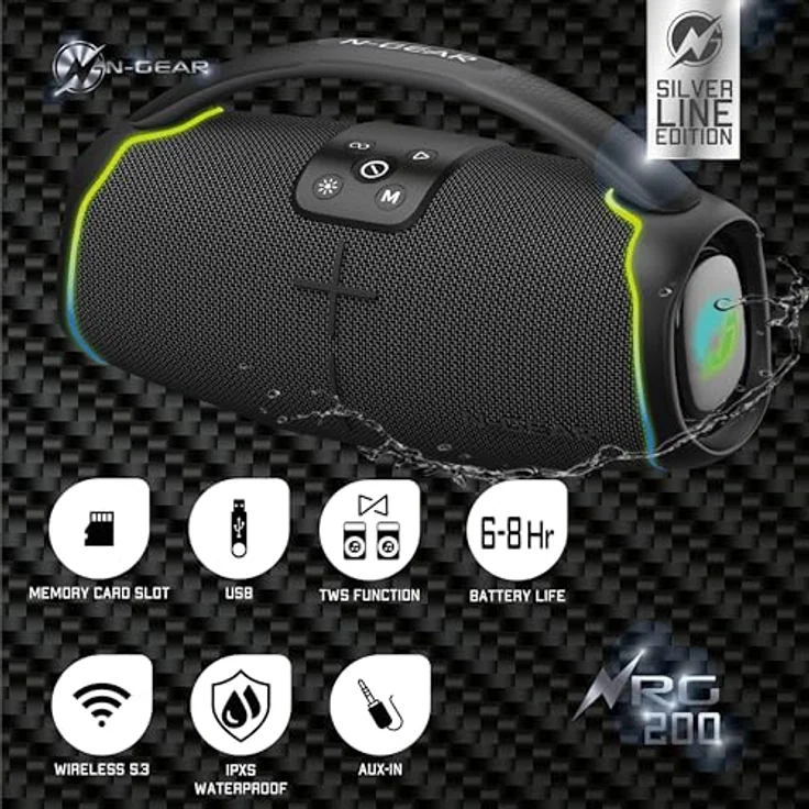 N-Gear NRG 200 Bluetooth Lautsprecher mit Licht und Tragegriff, 200 Watt Musikbox Kabellos, USB/AUX verbinden, bis zu 8 Stunden Musik, Outdoor IPX5 wasserdicht, Multicolor LED-Licht – Bild 2