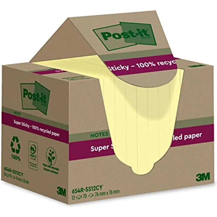 Post-it Super Sticky RSS12CY, Recycling Haftnotizen, extrastark, doppelt so stark haftend, bunt – Bild 1