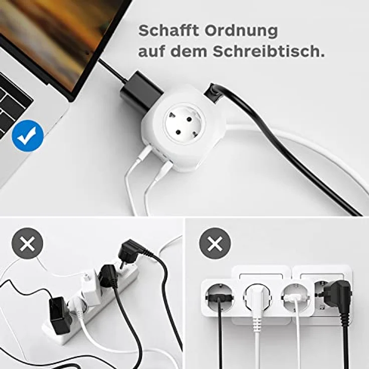RealPower Mehrfachsteckdose mit USB, 4Fach Stecker mit 3 USB und 1 USB C, Cube Steckdosenleiste, 15 Watt Ladegerät - Weiß – Bild 4