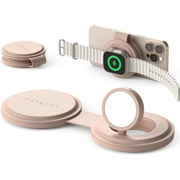 Satechi OntheGo 2-in-1 Wireless Charger mit Qi2 (15 W), faltbares Ladegerät für iPhone und Apple Watch, Rosa – Bild 1