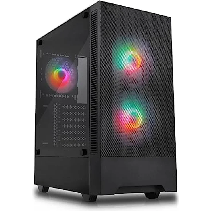 SILENTWARE Silentware Flow 100 Midi Tower PC-Gehäuse, Große Metall Mesh-Front, gehärtetes Glas-Seitenfenster, 2X 140mm & 1x 120mm A-RGB Hydro-Lager Lüfter, GPU bis 325mm, Daisy-Chain, ATX Netzteil, Schwarz – Bild 1