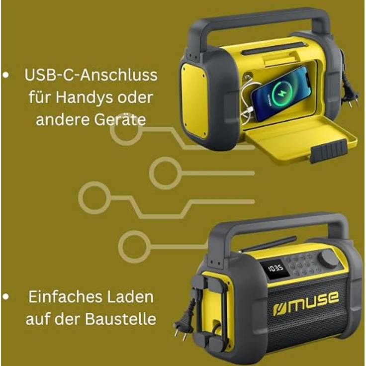 Muse M-928 BTY Baustellenradio, robust, Staub- und spritzwassergeschützt (IP64), mit Bluetooth und UKW Radio, integriertem Ladegerät und USB-C-Anschluss, schwarz-gelb – Bild 5