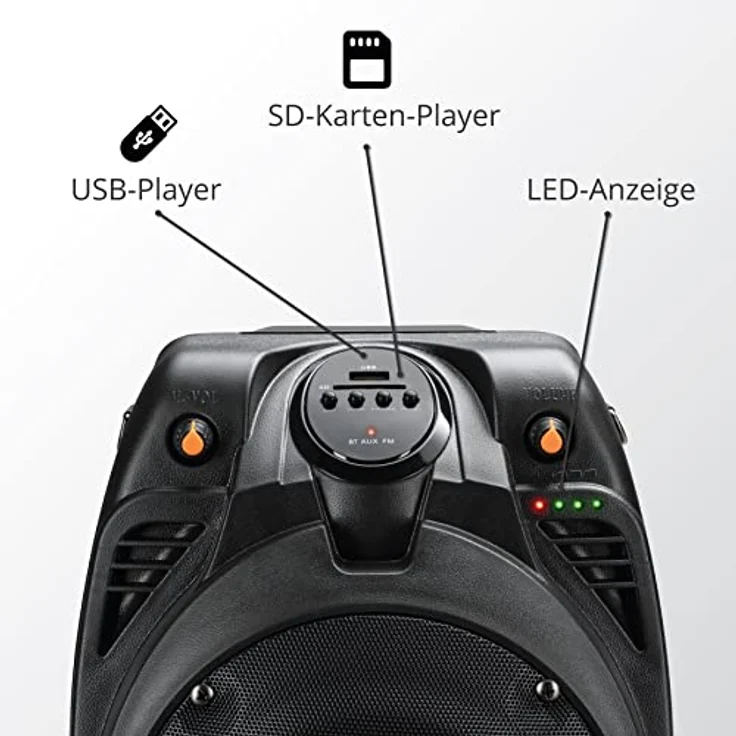 Akai SS02222A-X6, Tragbarer Aktivlautsprecher mit 30 W RMS, Bluetooth, USB/SD-Kartenleser, Mikrofon, schwarz – Bild 4