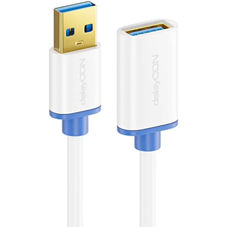 deleyCON 5m USB 3.0 Super Speed Verlängerungskabel, Stecker zu Buchse, Übertragungsgeschwindigkeit bis zu 5 Gbit/s, Weiß/Blau – Bild 3