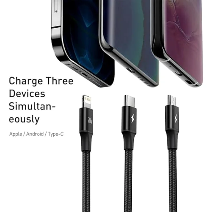 Baseus Rapid Series 3-in-1-Kabel USB-C, Lightning und Micro-USB, 20 W Schnellladung, 1,5 m, Schwarz – Bild 4