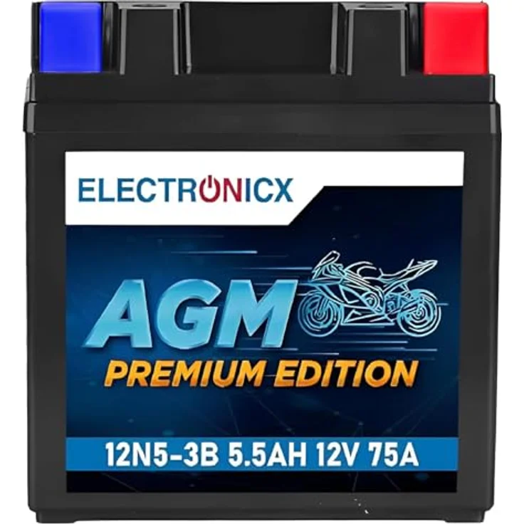 Electronicx AGM-12N5-3B, AGM Motorradbatterie 5.5Ah 12V, wartungsfrei, auslaufsicher, rüttelfest für Motorräder, Roller und Quads – Bild 1