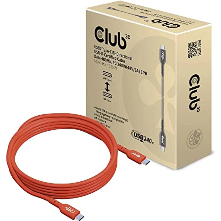 Club 3D CAC-1513 USB2 Typ-C Bi-Direktionales USB-IF zertifiziertes Kabel 480Mb, PD 240W(48V/5A) EPR St./St. 3m – Bild 1