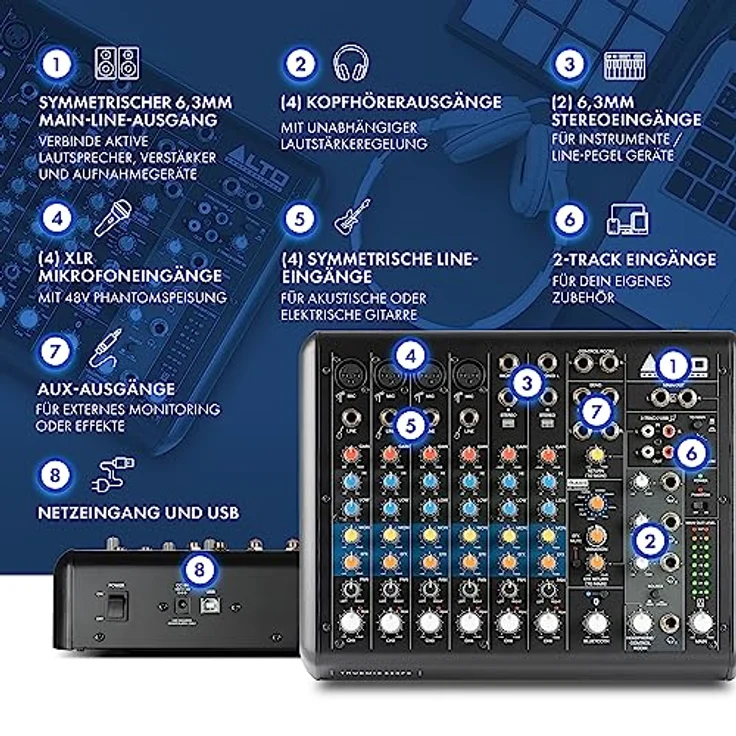 ALTO PROFESSIONAL Alto TrueMix 800FX Audio Mixer, 4 XLR-Mikrofoneingänge, USB Audio Interface, Bluetooth, für Podcasting, Live-Auftritte, Recording, DJ, Mac & PC – Bild 3