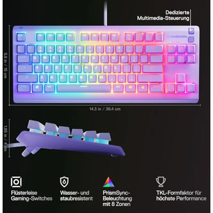 SteelSeries Apex 3 TKL Gaming-Tastatur, kabelgebunden, US QWERTY, RGB mit 8 Zonen, IP32 Wasser- und Staubschutz, Lavendel – Bild 3