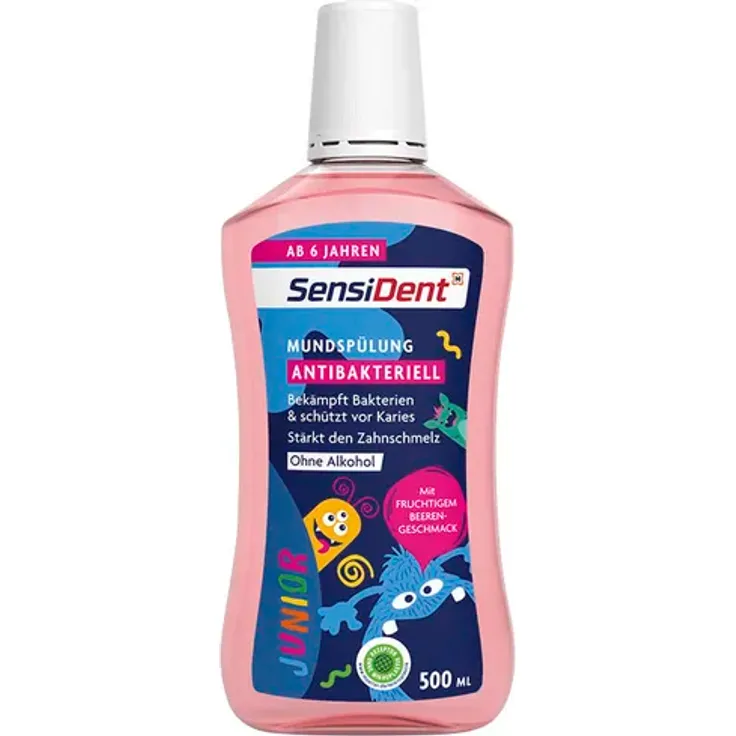Sensident Junior Mundspülung 500 ml – Antibakteriell, mit Fluorid, Beerengeschmack, ohne Alkohol & Zucker, ideal für Kinder & Zahnspangen