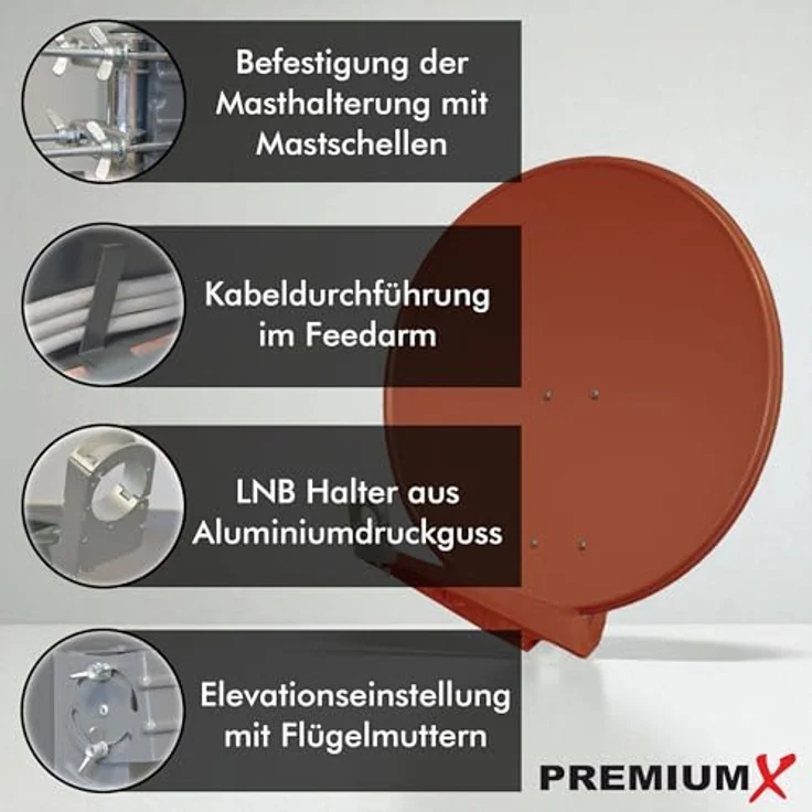 PremiumX DELUXE85 Satellitenantenne, 85 cm Aluminium Ziegelrot, doppelter Feedarm, 39,5 dB Gewinn, wetterbeständig – Bild 3