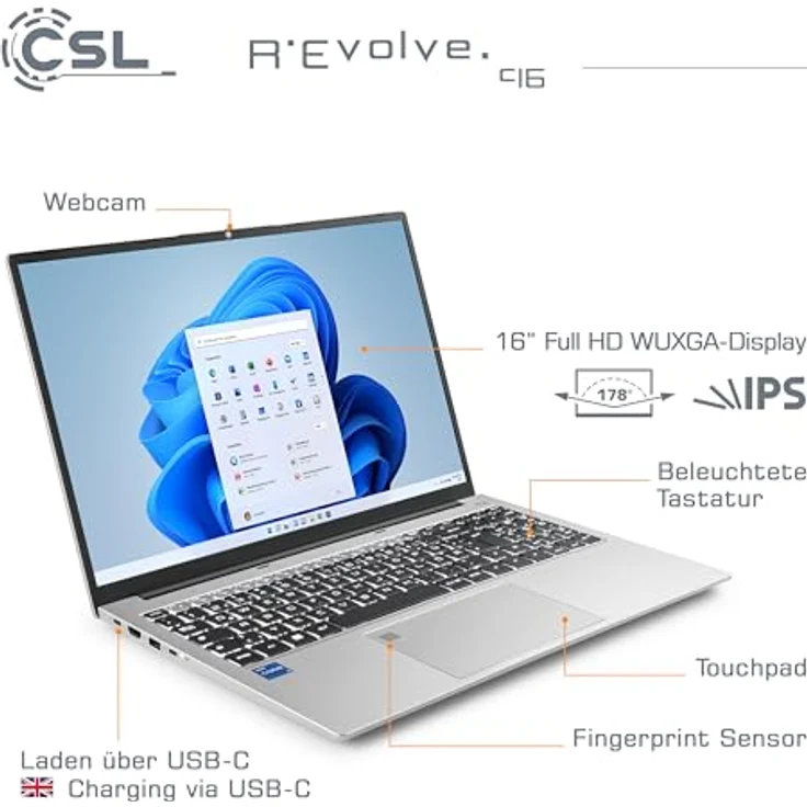 CSL R'Evolve C16, 16 Zoll Slim & Silent Laptop mit Intel Core i5-1235U, 32 GB RAM, 1000 GB SSD, WUXGA IPS Display, Windows 11 Home, USB 3.2, BT 5.2, AX WLAN – Bild 3