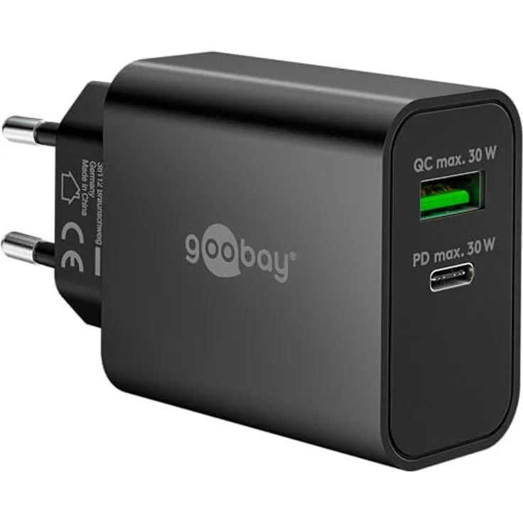 goobay 30W USB C Ladegerät, GaN Dual Port Schnellladegerät mit Power Delivery & Quick Charge, kompakter Ladestecker für iPhone, Samsung Galaxy, Tablet und Kopfhörer, Schwarz - 75335