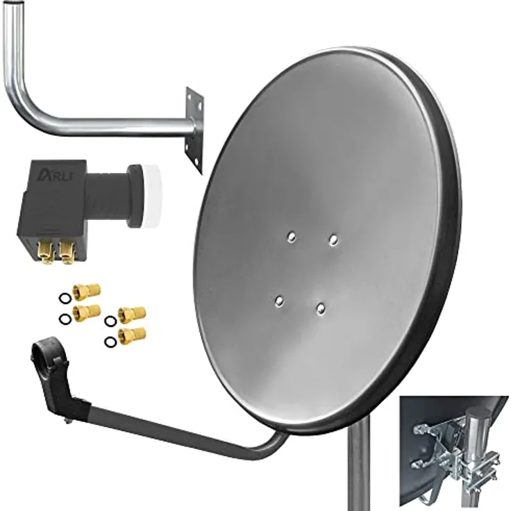 ARLI 60 cm HD Sat Anlage Quad LNB Digital + Wandhalter 45 cm Grau UHD 4K
