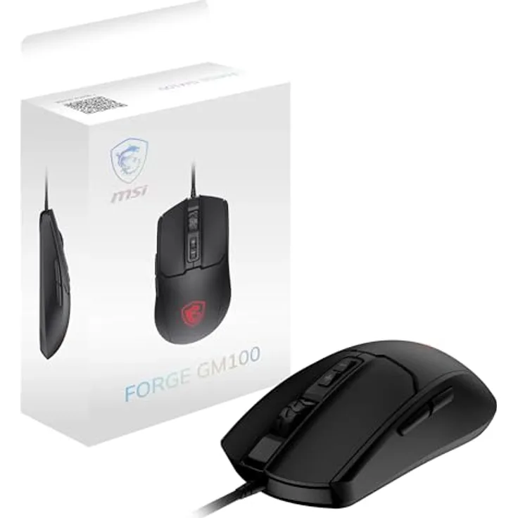 MSI Forge GM100 Gaming-Maus, 6400 DPI optischer Sensor, symmetrisch, 10 Mio. Klickschalter, 7 Tasten, RGB-LED, 108 g, verkabelt