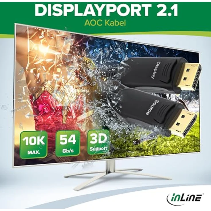 InLine® DisplayPort 2.1 AOC Kabel, aktiv, UHBR 13.5, 10K/8K/4K, verlustfreie Übertragung, mit Metallsteckern, 15m, schwarz – Bild 2