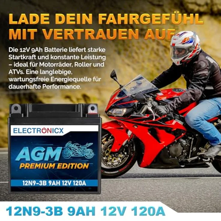 Electronicx AGM-12N9-3B AGM Motorradbatterie 9Ah 12V, wartungsfrei, rüttelfest, auslaufsicher für Motorrad, Roller, Quad – Bild 2