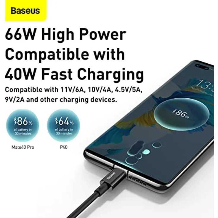 Baseus CATYS-A01 USB-zu-USB-C Kabel, 66W Schnellladung und 480 Mbps Datenübertragung, 2m, schwarz – Bild 2