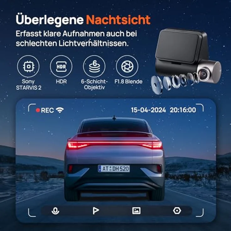 70mai Dashcam Auto Vorne A510, 2,7K 1944P WiFi Dash Cam mit 64GB SD Karte, Sony STARVIS 2 IMX675 Sensor – Bild 4