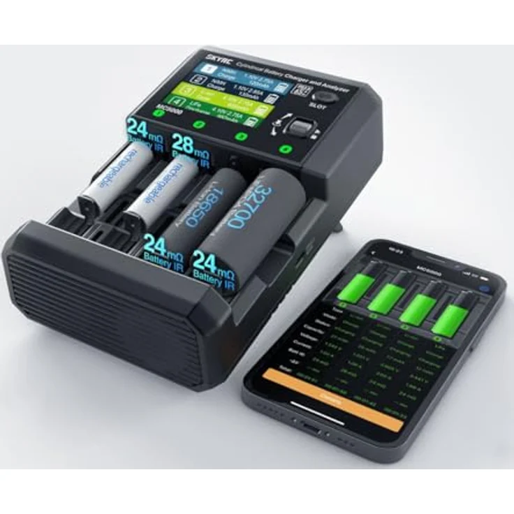 SKYRC MC5000 Rundzellen-Ladegerät, 4 Schächte, LiIon, LiFe, NiMH, Na-ion, 2,8-Zoll-Farbdisplay, Bluetooth, USB-C 65W, schwarz – Bild 2