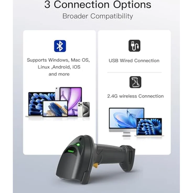 Inateck 560B Barcodescanner, Grau, mit Datentransferstation, 1D/2D Barcode-Unterstützung, 100 Scans/Sekunde, 12 Stunden Akkulaufzeit – Bild 5