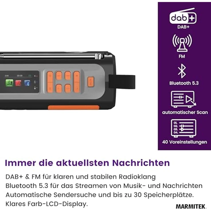 Marmitek RESQ 200, DAB+/FM Radio mit Bluetooth, 4500mAh Akku, Solarpanel, 360° Campinglampe, Schwarz – Bild 5