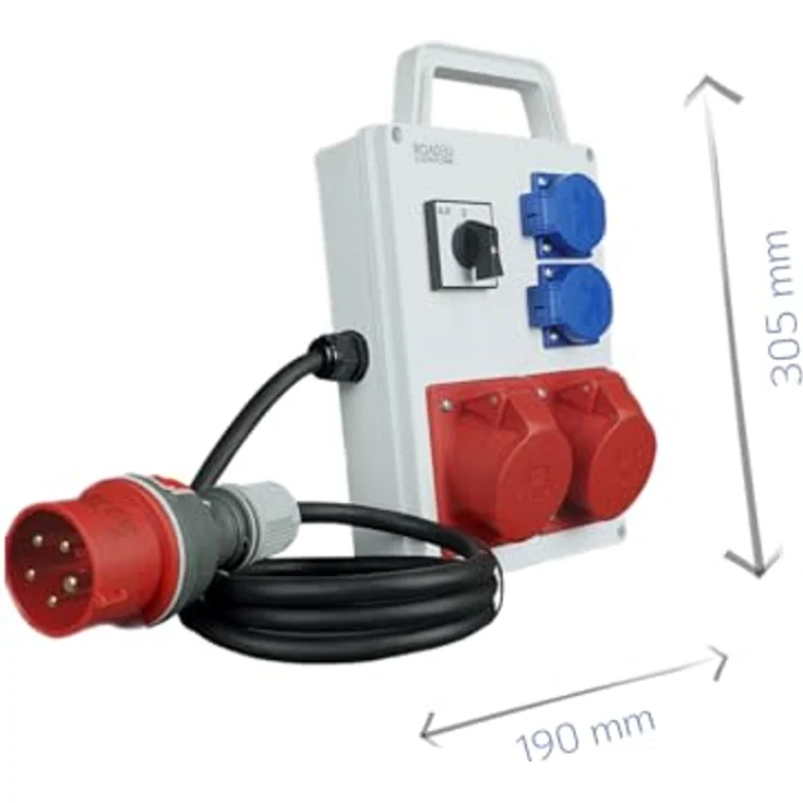 RoadEu Steckdosenverteiler, 2x CEE 16A Steckdose mit Schalter und Schuko 230V - europäische Komponenten, wasserdicht (1m - blau) – Bild 3