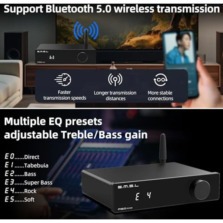 S.M.S.L A50 Pro, 2.1 Kanal HiFi Bluetooth 5.0 Verstärker mit 100W Bassleistung, HDMI (ARC) Unterstützung, MA12070P*2 Chip, einstellbare Frequenzübergangspunkte – Bild 5